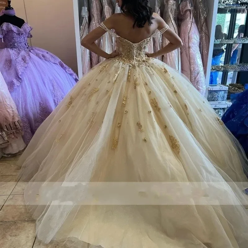 فساتين شامبانيا Quinceanera عتيقة ، مزخرفة بالخرز حبيبته ، فستان عيد ميلاد رسمي 16 أميرة حلوة ، 15 ثوب حفلة