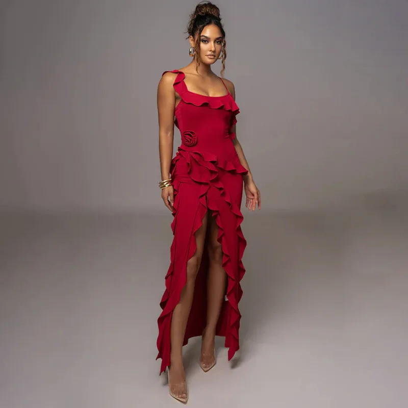 Open-shouldered sexual suspender Boho beach skirt women's fashionable spring and summer long dress solid chic scarf high split p