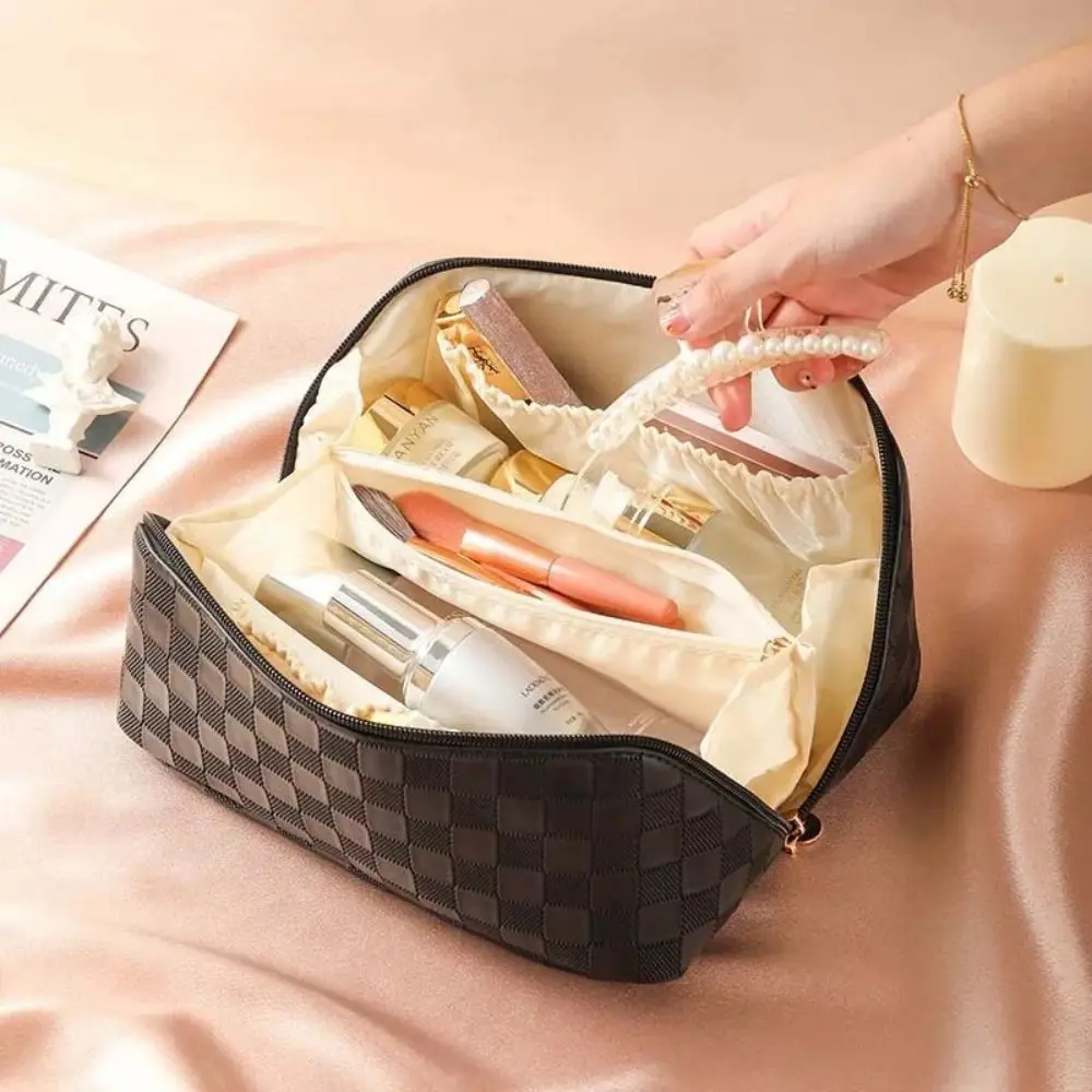 Multi-functional PU Leather Accordion Pillow Cosmetic Bag for Travel with Large Capacity and Portable Design