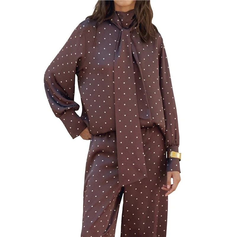 Women Tie Neck Blouse, Button Down Long Sleeve Bodysuits Top Professional Clothes Brown S Eco-Friendly