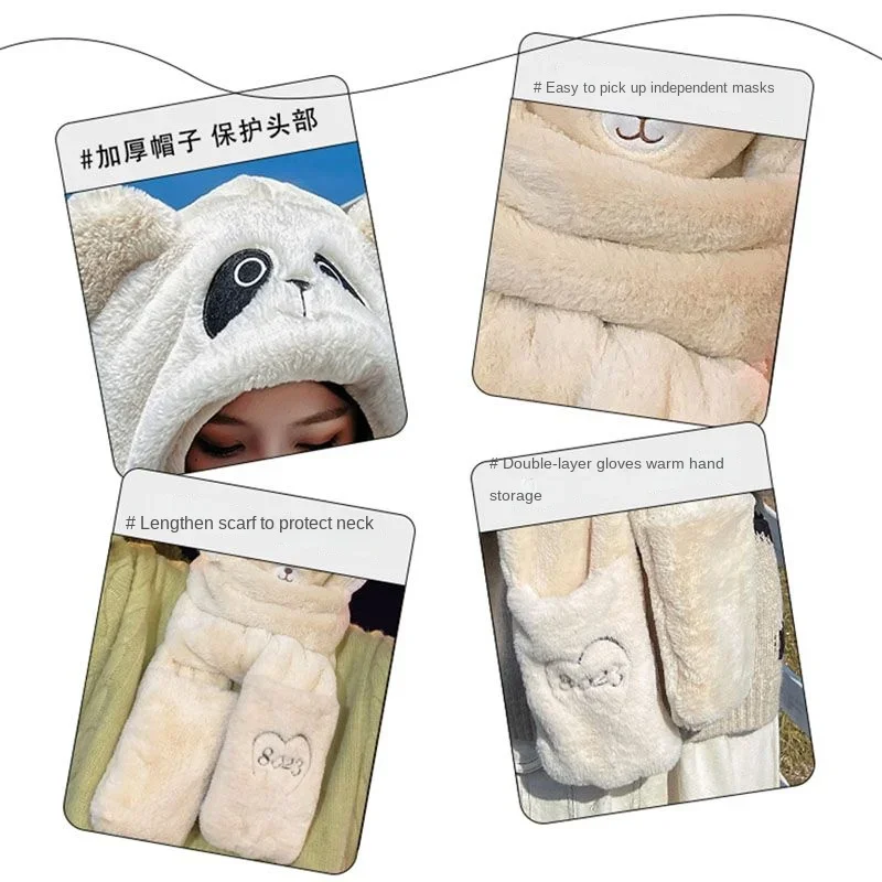 Gants chauds avec capuche en peluche pour femme, écharpe, chapeau, masque de ski, engrenages, cou, automne, hiver, mignon, 1 pièce