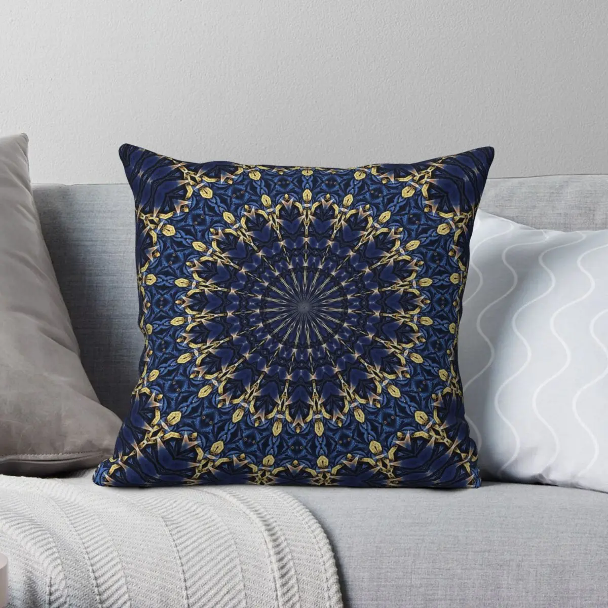 Navy Blue And Gold Square Pillowcase Polyester Linen Velvet Pattern Zip Decorative Car Cushion Cover