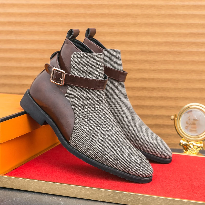 

British Style Men's Leather Boots Elegant Pointed Toe Slip-on Ankle Boots Man Fashion Brown Chelsea Boots Men botas para hombre