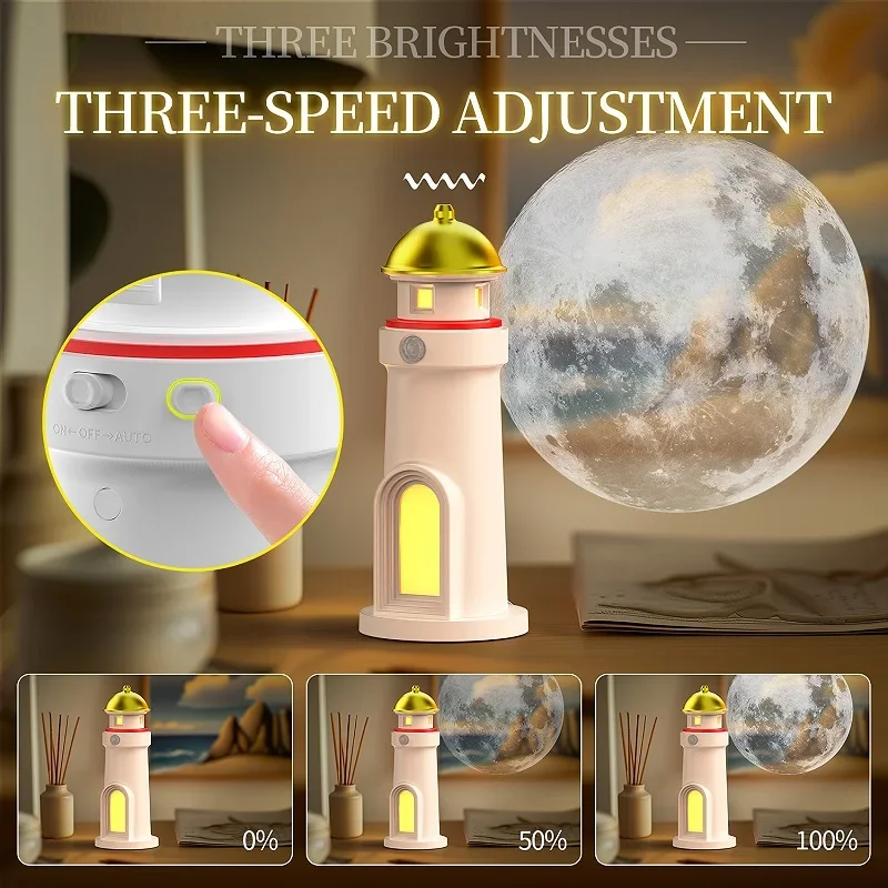 Motion Sensor Lighthouse Moon Projector Night Light, Wireless Portable Rechargable LED Aesthetic Table Lamps for Bedroom Decor