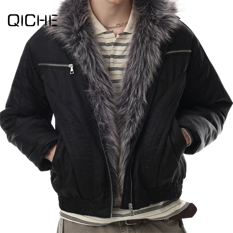 QICHE Winter Deconstructed Stitching Cotton Jacket for Men, Faux Fox Fur Stand Collar Solid Stylish Trendy Coat