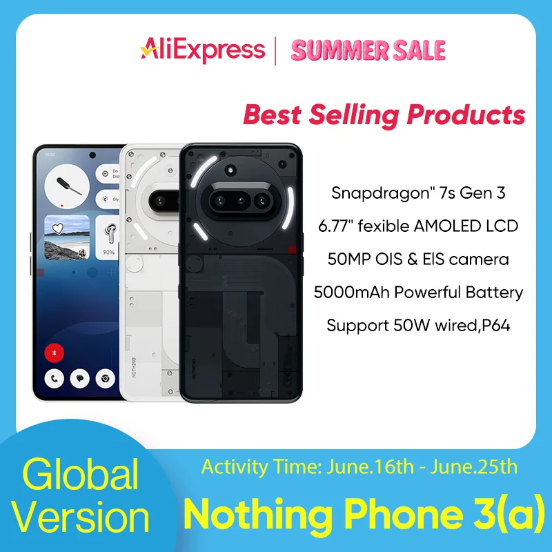

Nothing Phone 3a 5G Smartphone Snapdragon 7s Gen 3 6.77” flexible AMOLED 5000mAh 50W Charging 50MP OIS & EIS camera Android 15