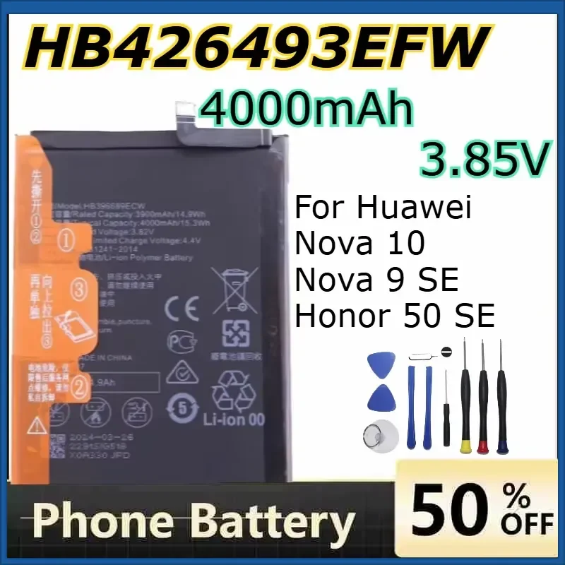 Batería de Repuesto para Teléfono HB426493EFW de 3.85V y 4000mAh para Huawei Nova 10/Nova 9 SE/Honor 50 SE, Batería de Gran Capacidad
