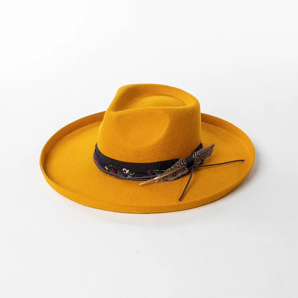 Autumn Winter Vintage Elegant Floral Fabric Ribbon Feather Crown Top Upturned Brim Wide Brim Wool Fedora Felt Jazz Hat