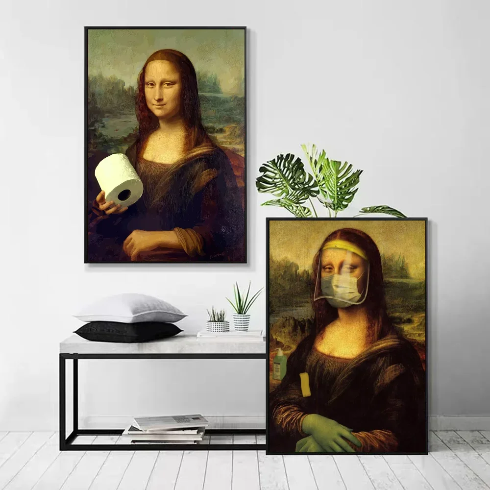 1pc zabawna toaleta Mona Lisa nosząca perły dziewczyna z rolką papierowy plakat samoprzylepna sztuka wodoodporna naklejka papierowa dekoracje ścienne — zdjęcie 3