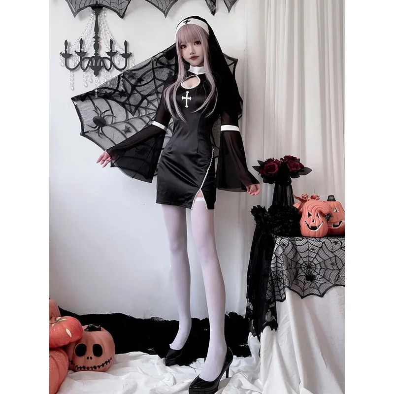 ZA01 Disfraz de monja sexy para Halloween, cruz de vampiro, estilo gótico oscuro, vestido de monja negro con tocado, juego de rol de Carnaval ClotZa0 @