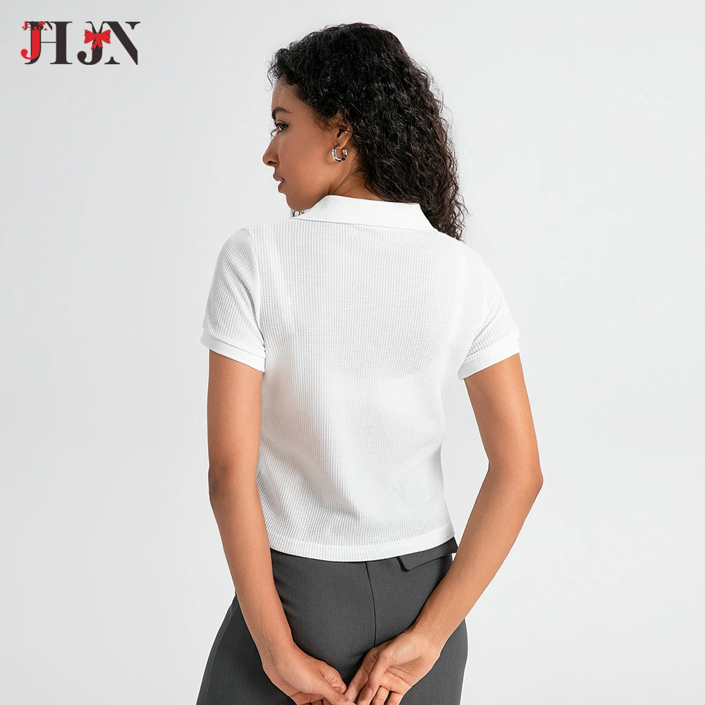 JHJN-Camiseta con cuello tipo Polo para niña, Top corto ajustado de manga corta, Tops blancos de moda coreana, camiseta de nicho Y2k, ropa para mujer