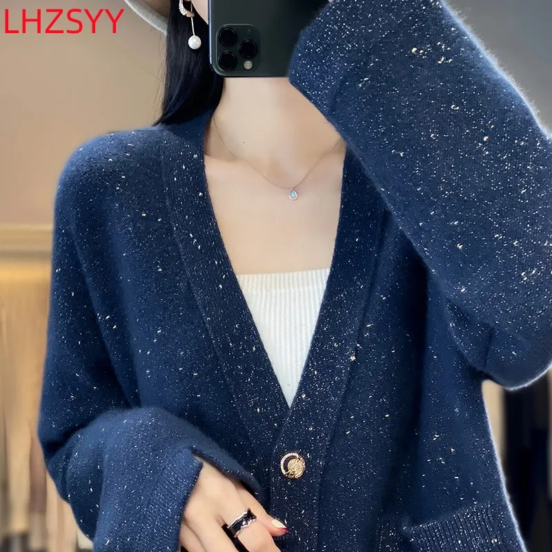 Women\'s Jacket New 100% Pure Wool Cardigan Autumn V-neck Color Dots Large Size Sweaters Coat Loose Knit Thick Shirt High-end Top