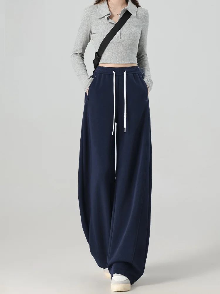 Fitn عادية بنطال ذو قصة أرجل واسعة المرأة خريف شتاء جديد فضفاض مريح مستقيم قطع بنطلون رياضي عالية الخصر مزيج القطن