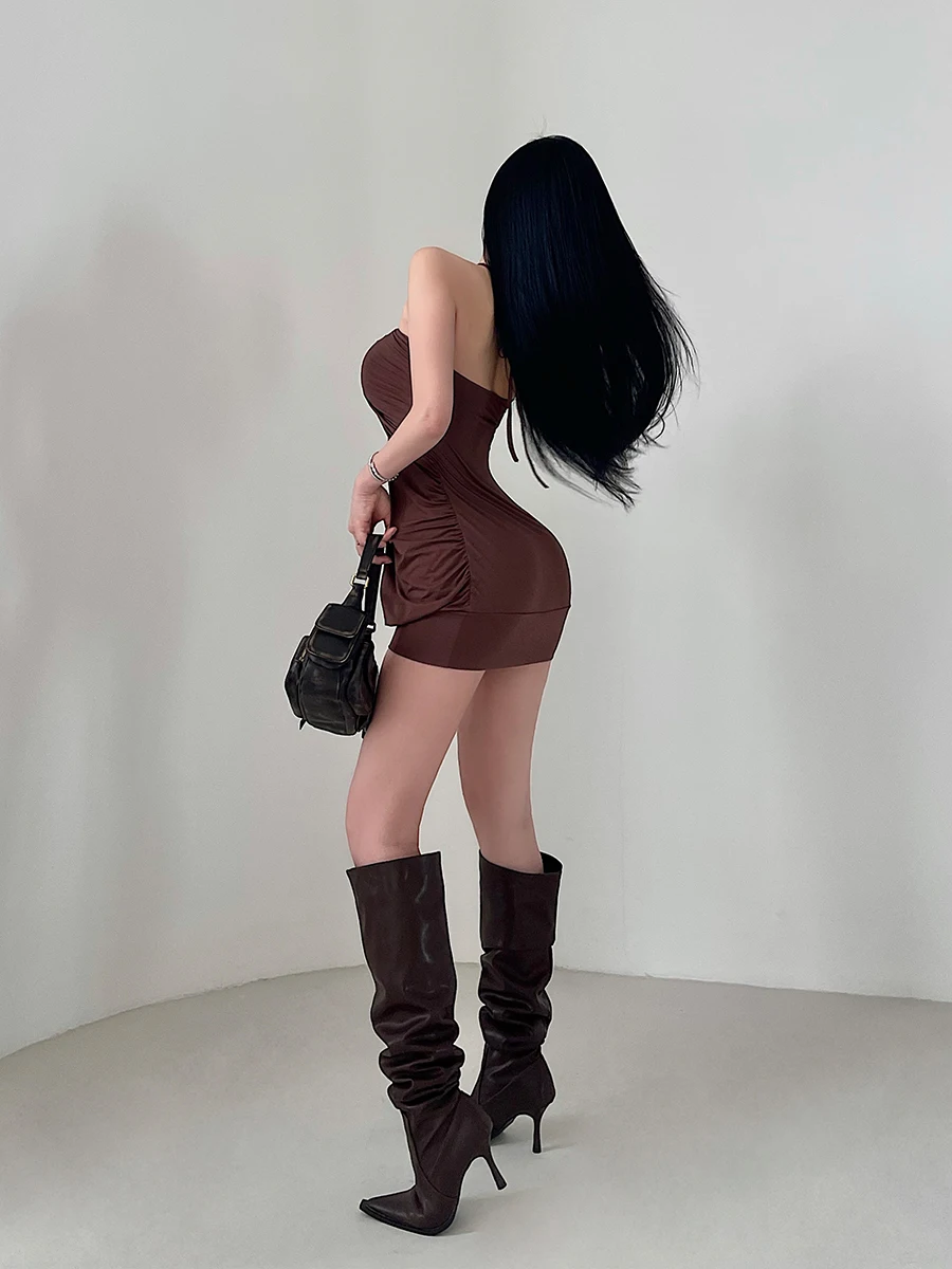 فستان صغير مثير بدون حمالات برباط مطوي للنساء ، تصميم فتاة حار ، رقبة معلقة ، فستان قصير ، قمم أرجوانية أنيقة ، موضة ، Y6IZ #4