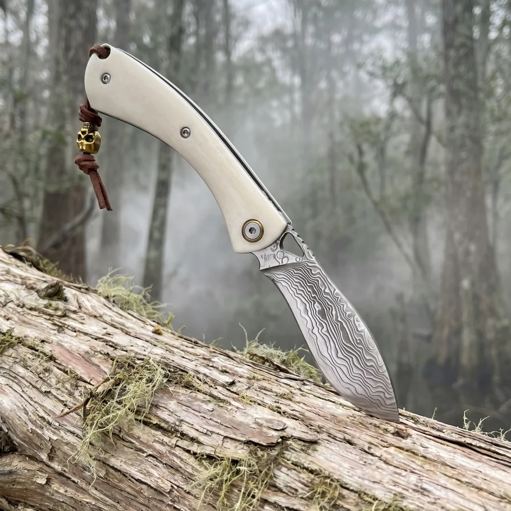 Damascus Outdoor Camping Essential Portable Folding Knife with Lanyard EDC Climbing Emergency Tools Handmade Handle Mini Knives