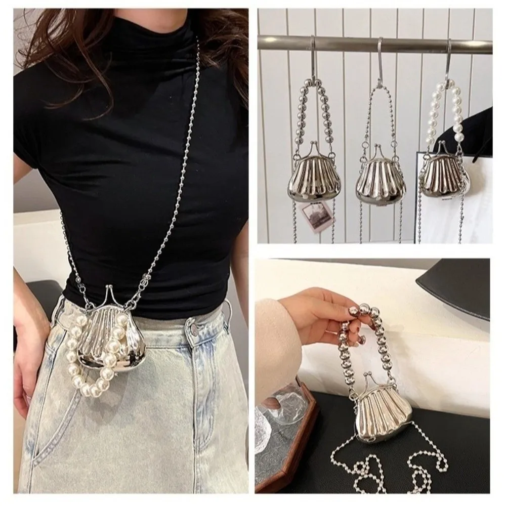 

Portable Korean Style Crossbody Shell Bag Silver Pearl Chain Evening Clutch Handbag Luxury Elegant Lipstick Storage Bag Party