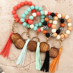 Wooden Beads MAMA Monogram Wood Blank Wooden Disc Bracelet Tassel Keychain Wristlet Gift for Her Key Ring