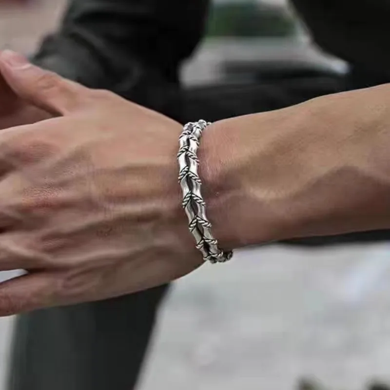 100% Solid 925 Sterling Silver Retro Bracelet for Women Men Vintage Handmade Double Layered Strip Simple Bracelet Birthday Gift
