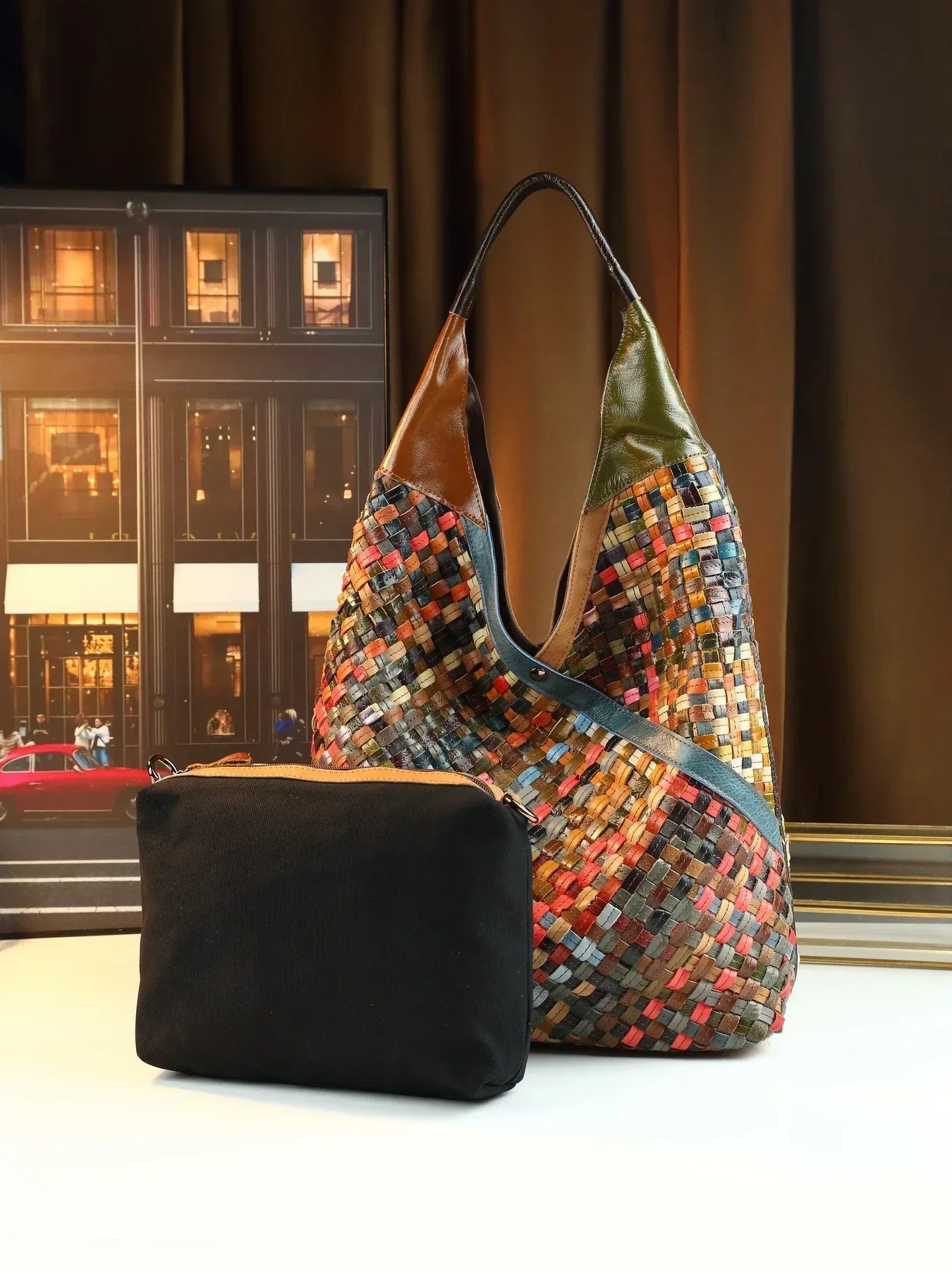 

Bohemian multi-color block random patchwork weaving large capacity tote bag commuter bag