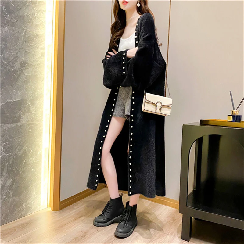 2024 New Autumn and Winter Lazy Mink Long Jacket Korean Version Loose and Thick Knee Length New Sweater Cardigan Knitted Women