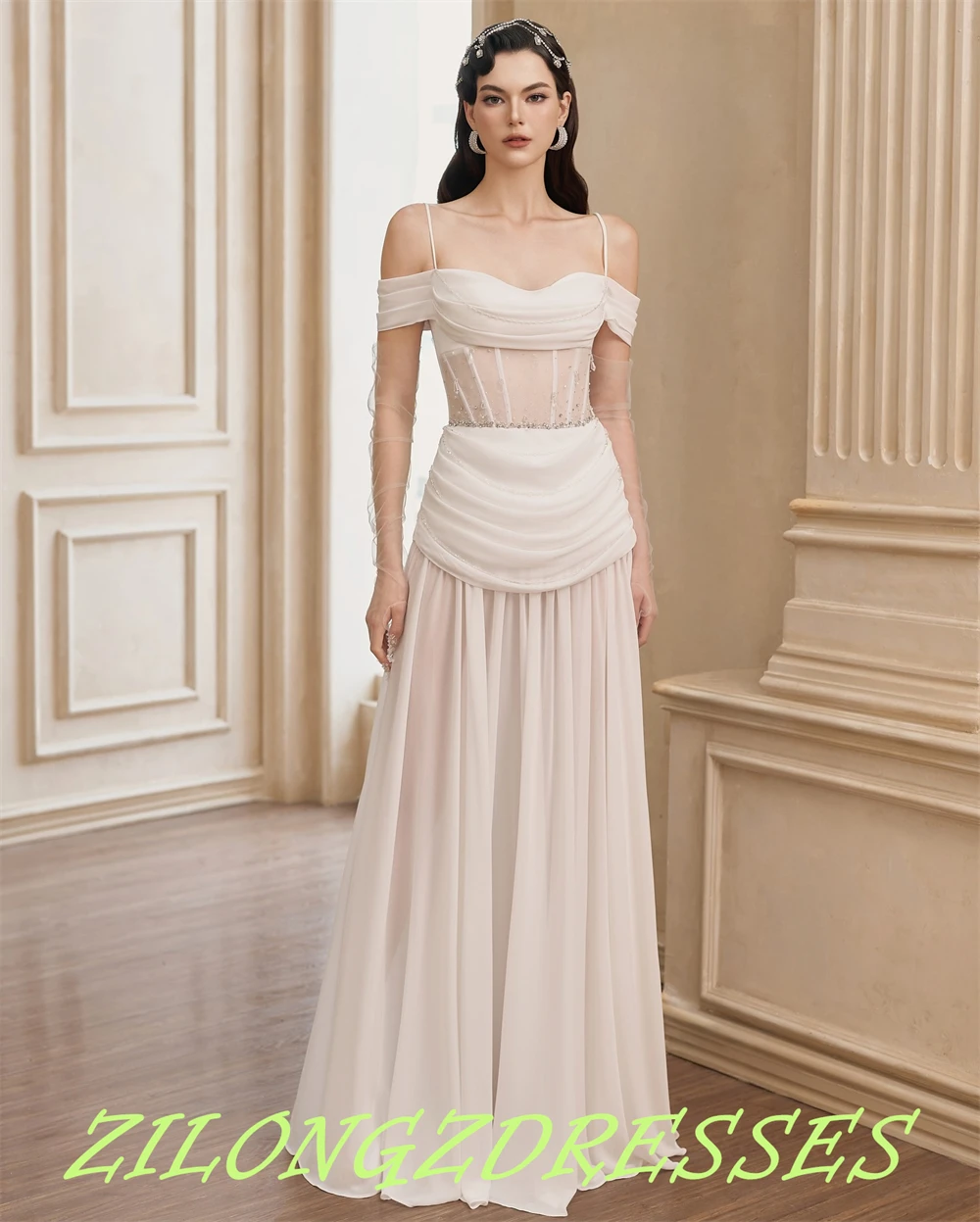 

Customized Fashion White Chiffon Evening Dress Exquisite Off the Shoulder Sleeveless Homecoming Dresses Vestido De Festa