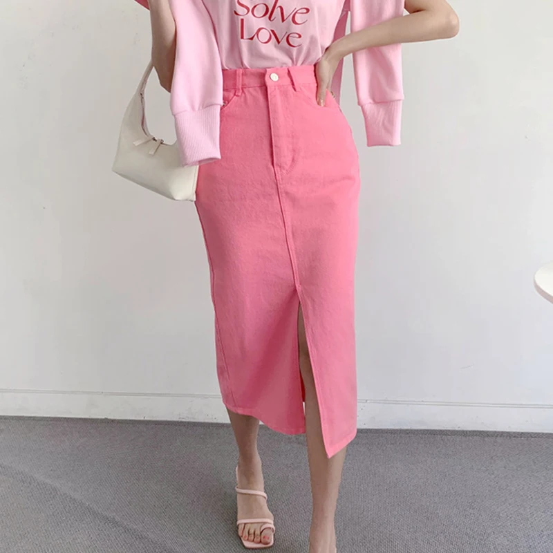 

Spring/Summer Pink Black Vintage High Waist Split Slim Fit Denim Skirt Women