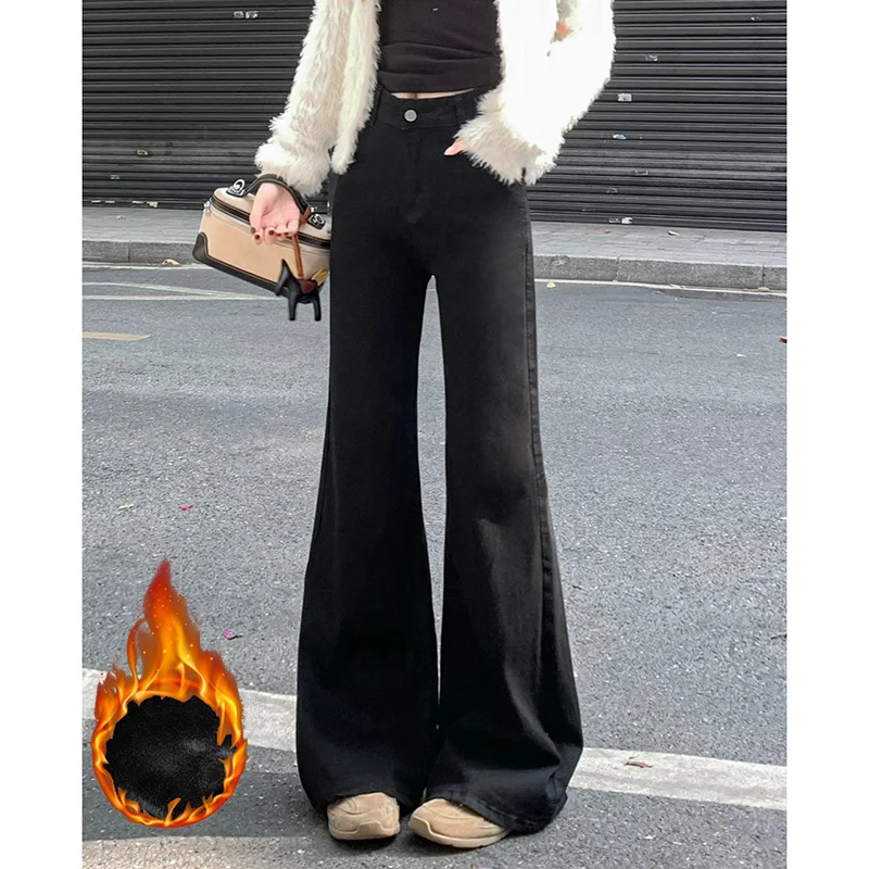 Winter Lady Korean Thermal Velvet Flared Jeans Girls High Waist Solid Denim Trousers Women Classic Snow Warm Fleece Pants