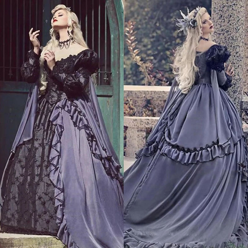 Gray And Black Gothic Wedding Dress Vintage Renaissance Period Bridal Gowns Off The Shoulder Long Sleeves Princess Vestido 2024