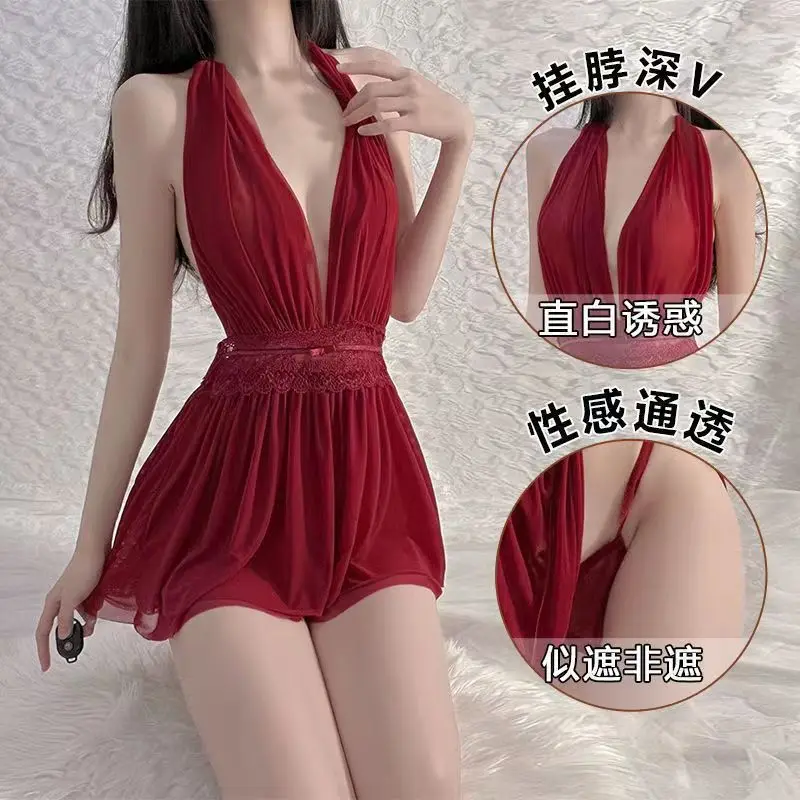 

Women Sexy Dream Chiffon Halter Deep V-neck Dress Pajamas Uniform Transparent Nightdress Temperament Lingerie Costume