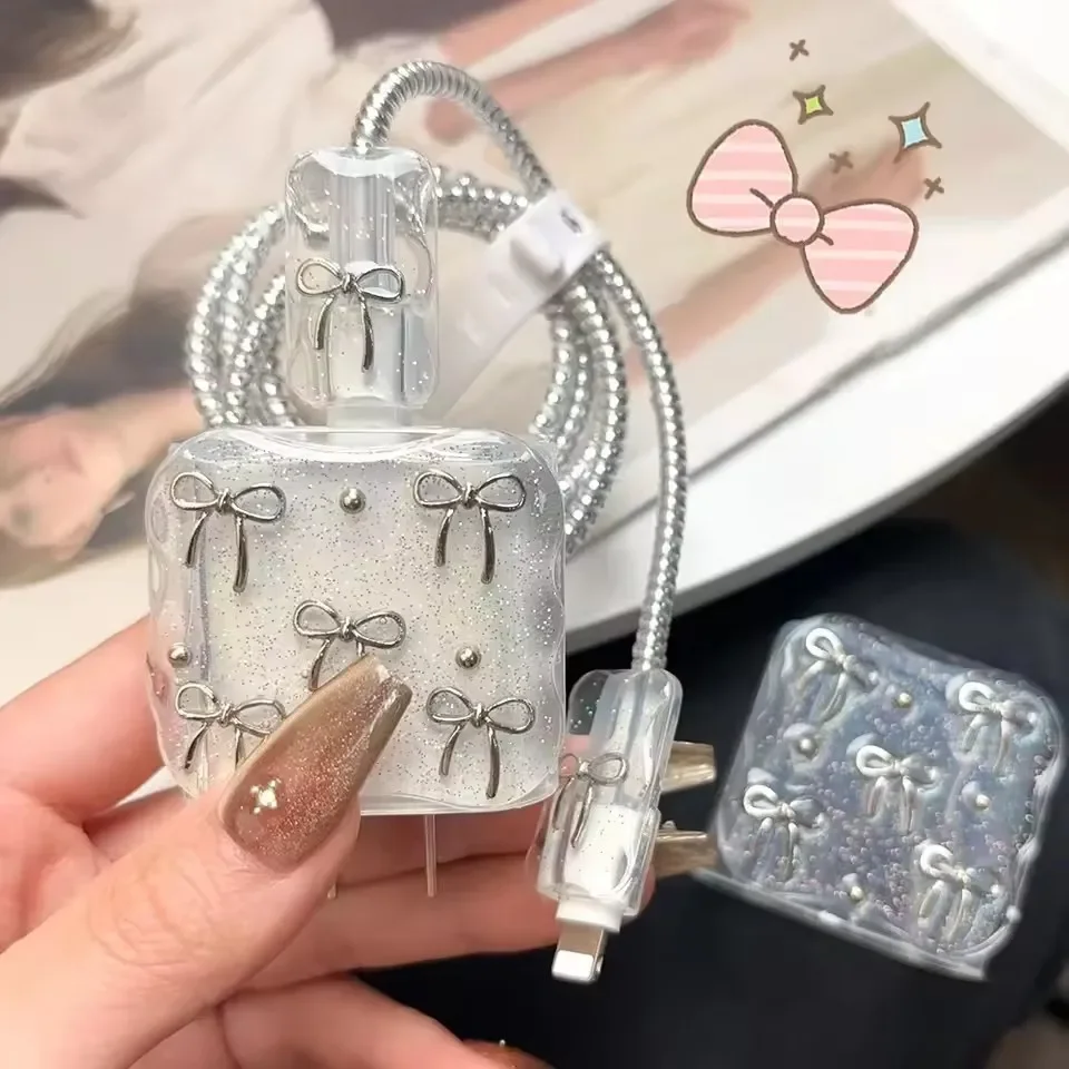 Transparent Shining Bowknot Cellphone Charger Protective Case Sleeve for Apple IPhone 18/20W Laser Cable Winder Wire Protectors