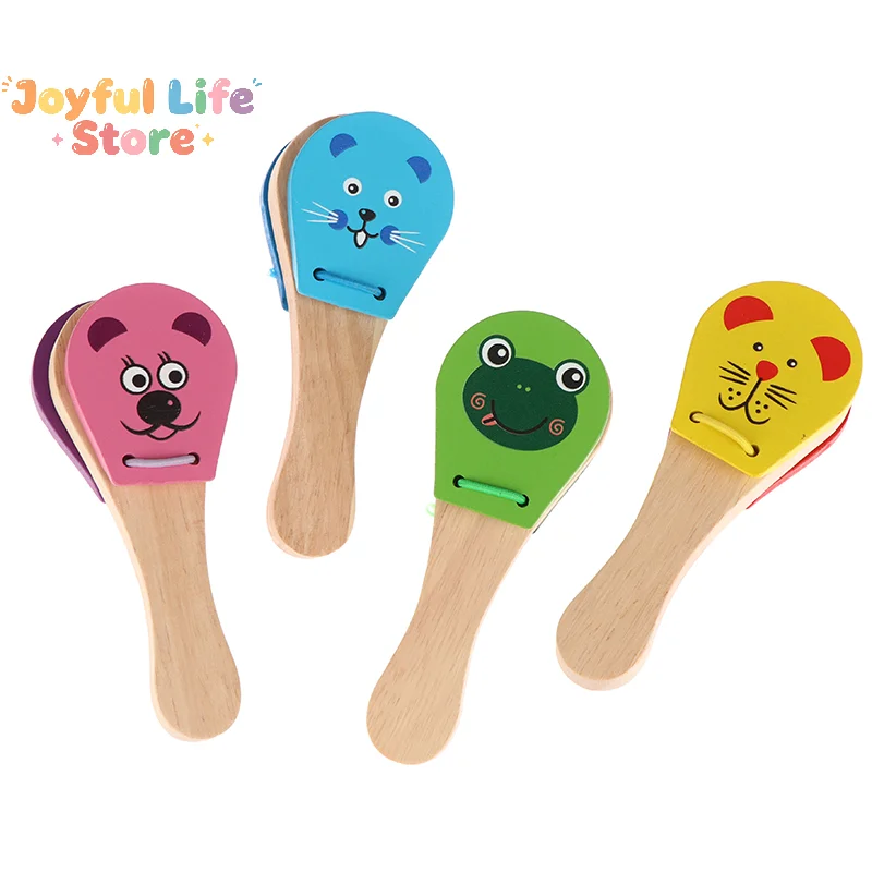 Castañuelas de madera con dibujos animados para niños, campanas de cinco púas, sonajero, instrumentos musicales, juguetes educativos para niños