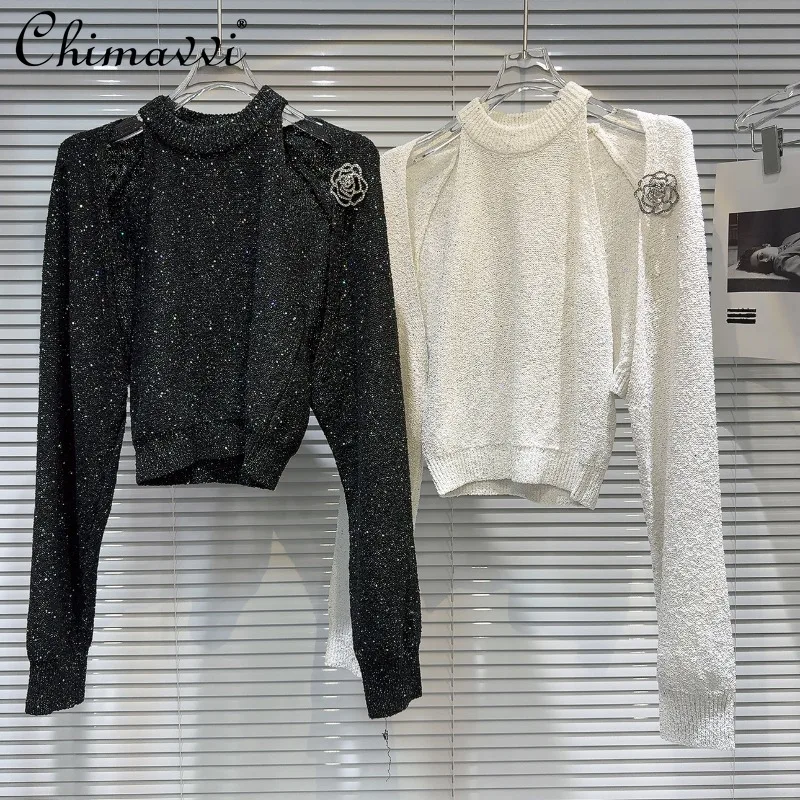 2024 Autumn New Elegant Diamond Brooch Neck Vest Knitted Sweater Shawl Two-piece Set For Girls