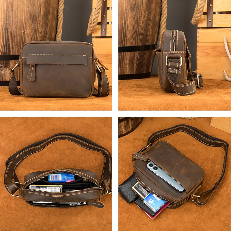 Crazy Horse Leather Messenger Bag Men's Leather Shoulder Bag for Mobile Phone Sling Bags for Men Woman Cross Body Bag view 4