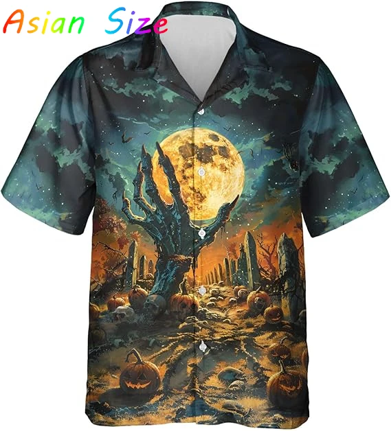 

2026 Новая мужская Гавайская рубашка с рисунком зомби, полиэстер, модная повседневная пляжная рубашка для любителей черепа, с коротким рукавом, Гавайская праздничная рубашка Camisa