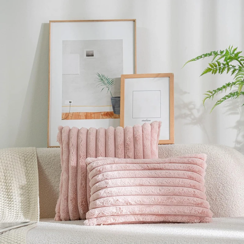 Pillow Cover Faux Rabbit Fur Square Cushion Big Thick Striped Super Soft Solid Color  45x45cm Sofa Decor Cushion Cover