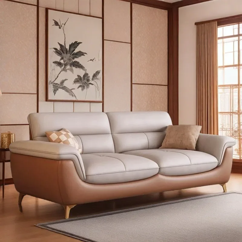 Italian minimalist first-layer cowhide leather sofa living room small apartment light luxury modern two-color three-person strai