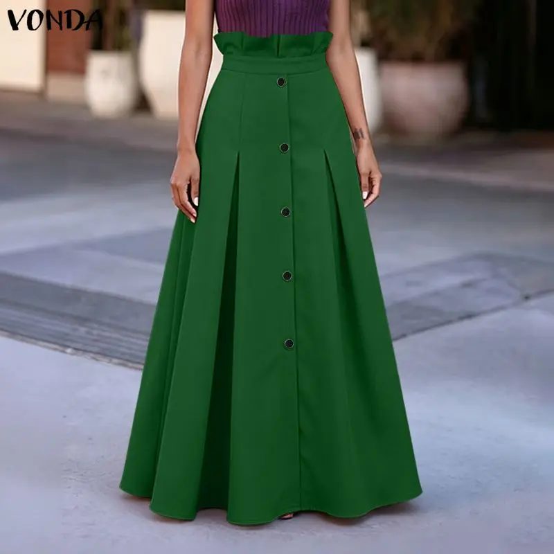 

VONDA Women Skirts Summer Solid Color Long Skirts Ruffles A-line Pleated S-3XL Oversize Streetwear Bottoms Button Skirt Vestidos