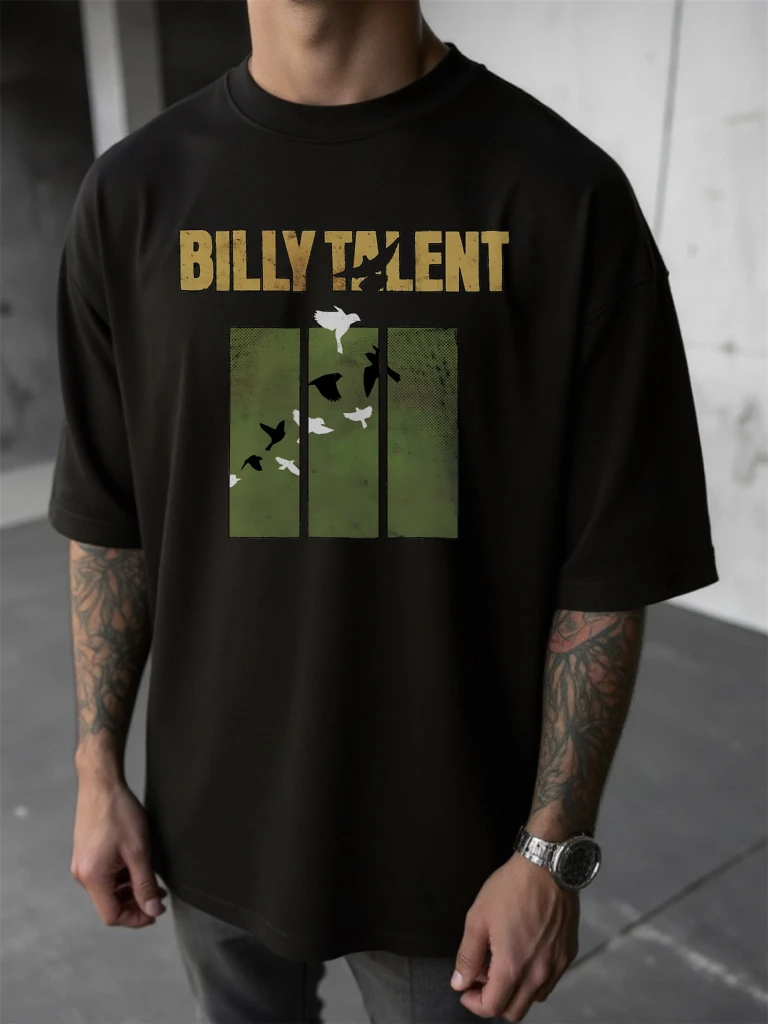 تي شيرت رجالي أسود بطبعة فرقة بيلي تالنت وتصميم الطيور ملابس كاجوال بأكمام قصيرة