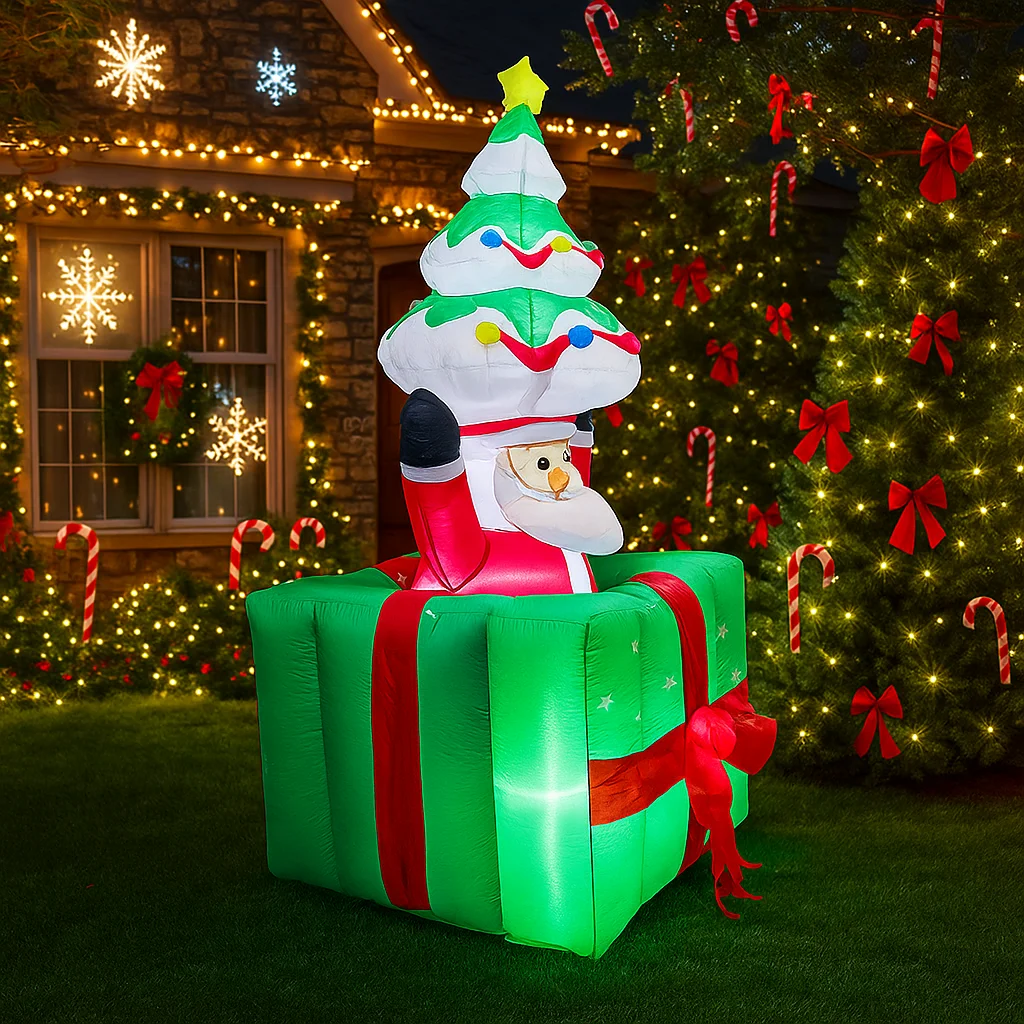 1.8M/6FT Christmas Decorations Inflatable Toy Santa Claus Gift Box Tree Home Yard Xmas LED Light Decor Christmas Party Toy