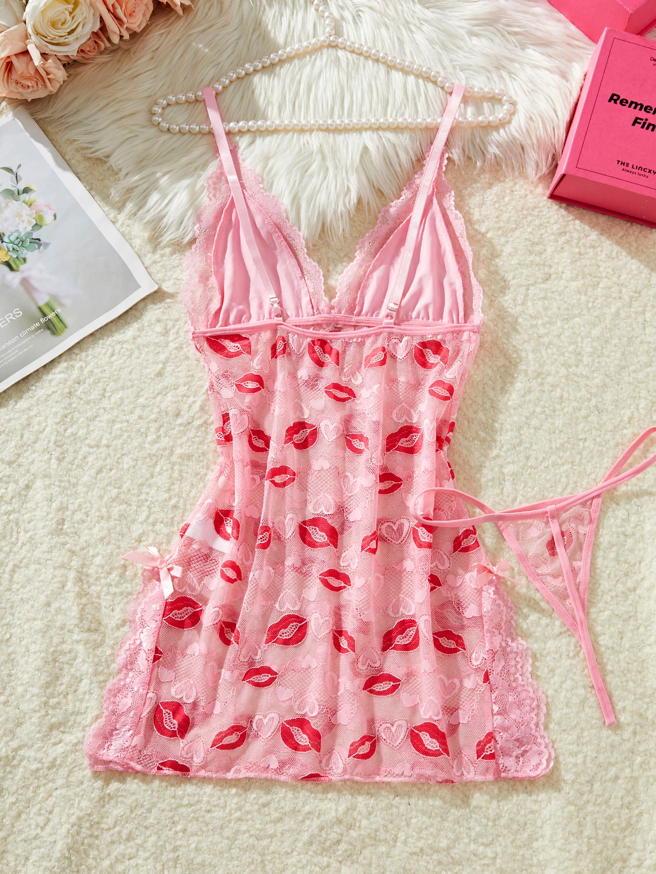 Sexy Sling Nightdress Lace Patchwork Elegant Lingerie Transparent Temptation Nighties For Women Pajama Red Lip Print Mini Dress - view 4