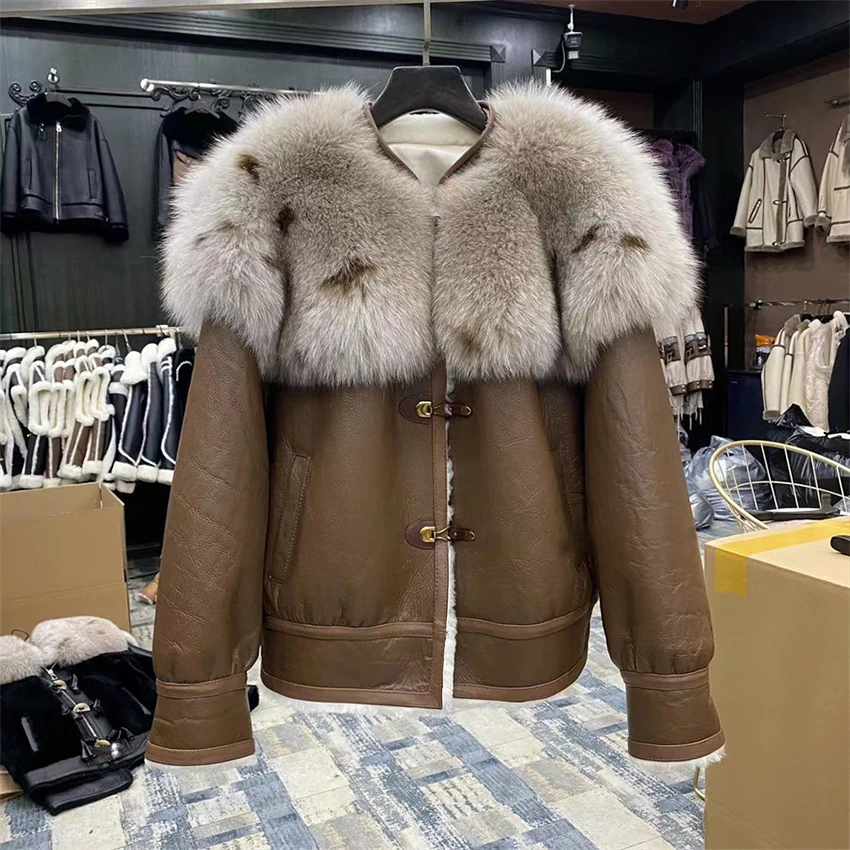 2023 Real Natural Merino Sheep Fur Genuine Leather Jacket Real Fox Fur Collar Winter Women Coat Thick Warm Luxury Female Coats