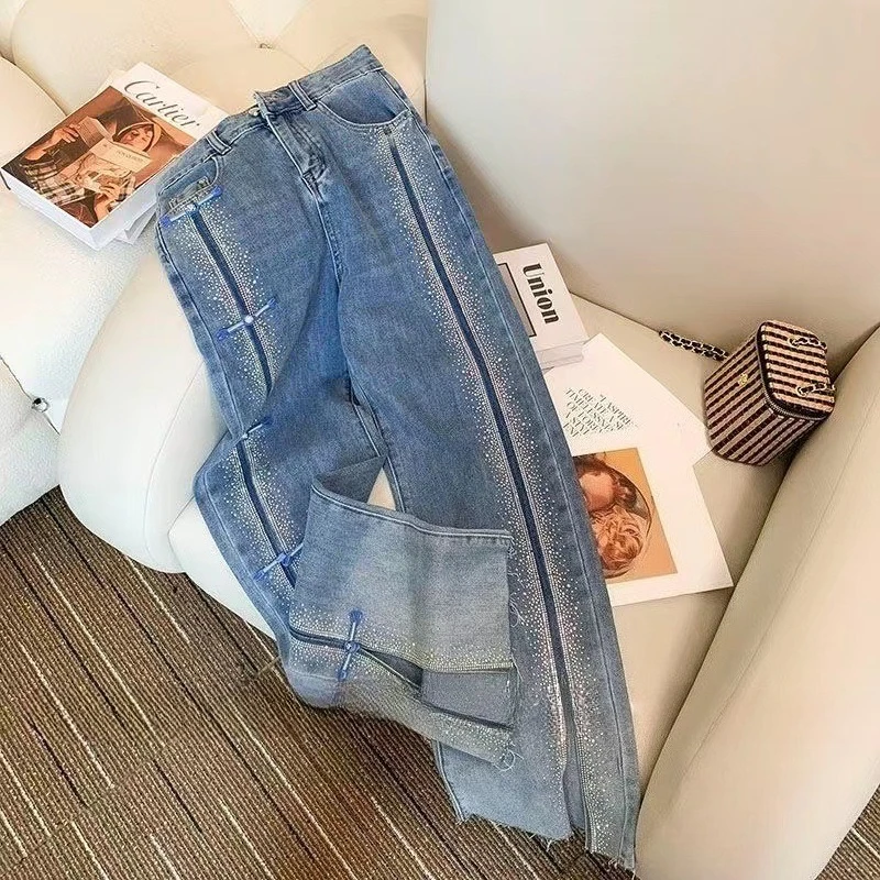 

Denim Pant Women Jeans Long Flare Pants Slim Fit High Waist Straight Trousers Hot Drilling Y2k Streetwear Elegant Splice Work