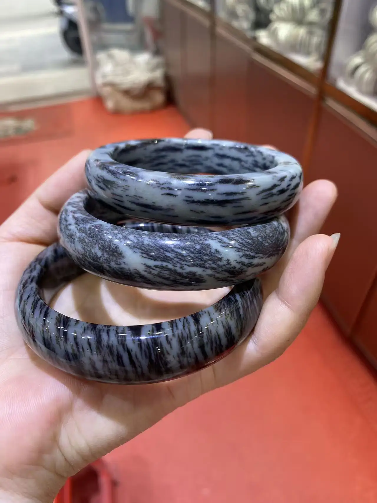 

Certified Hetian Jade Natural Jade Bangle Women's Bracelet black and white flower Jade Bracelet Handring Fine Jewelry