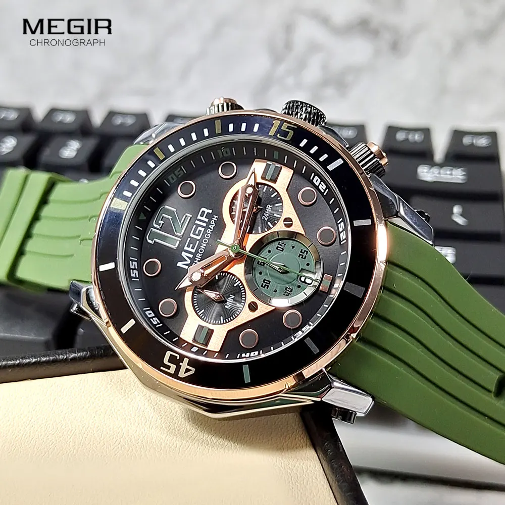 MEGIR Chronograph Watches for Men Fashion Military Sport Silicone Strap Wristwatch with Auto Date Waterproof Quartz Watch часы