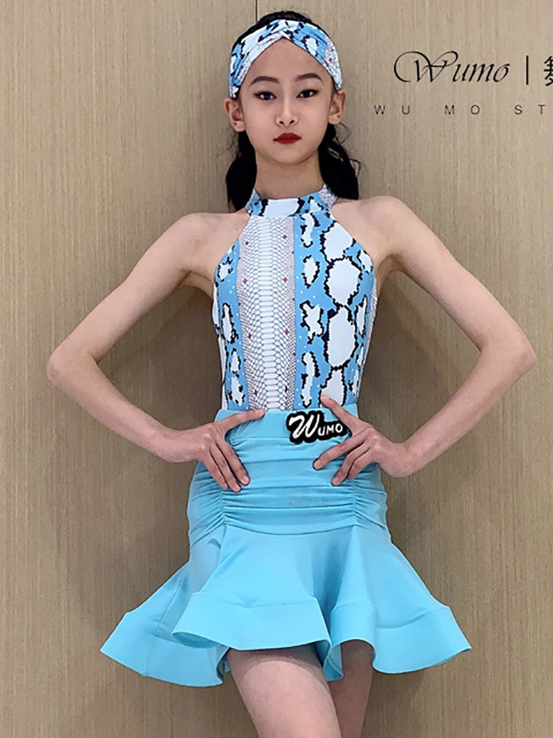 Latin Dance Meisjes Performance Kostuum Print Halter Rugloze Top En Grote Rok Zoom Rokken Kinderen Latin Kleding Wedstrijd Danseres