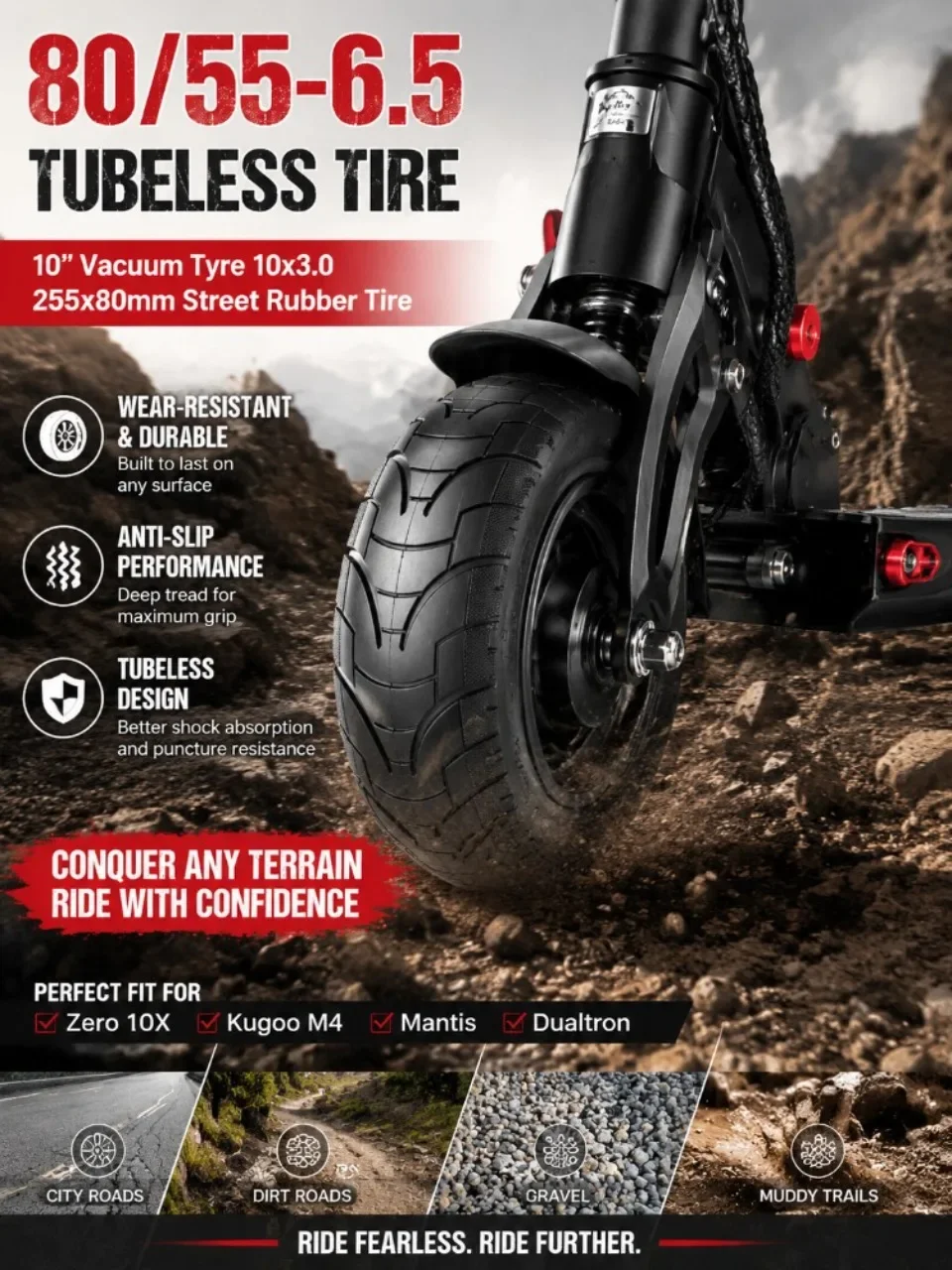 10 Zoll 80/55-6.5 Schlauchloser Vakuumreifen 10x3.0 Straßenreifen 701g Ersatz für Dualtron Zero 10X Kugoo M4 Mantis – Detail 1
