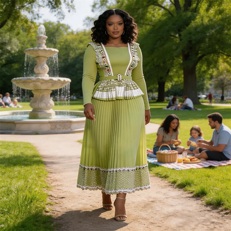 

Miyake Pleated Skirt Suit for Women 2026 New Hot Stamping Printed Square Neck Long-sleeved Top + Printed Skirt Two-piece Set