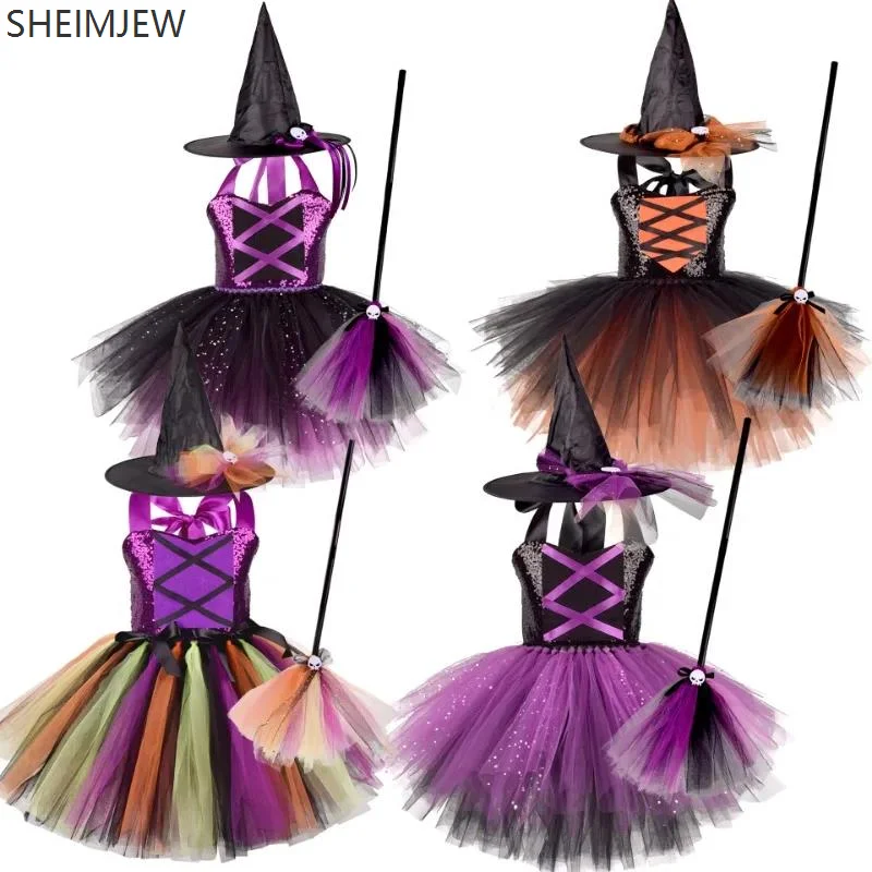 

Girls Halloween Disguise Witch Costume Sequined Tutu Hat Broom Children Carnival Cosplay Party Costume Girl Birthday Gift Dress