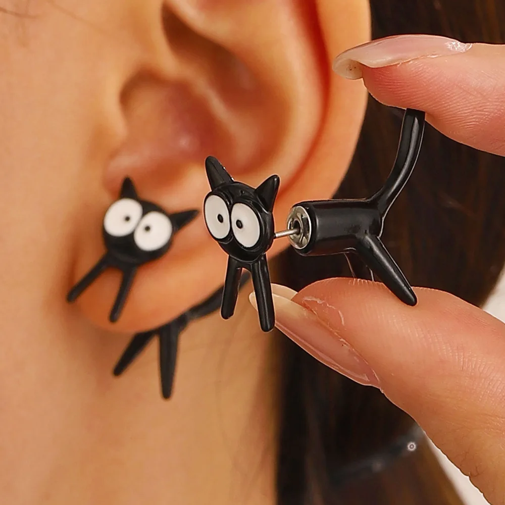 Meetvii Adorable Gothic Black White Cat Stud Earrings Cute Cartoon Matel Ear Jewelry Gift for Teens Lightweight Daily Wear
