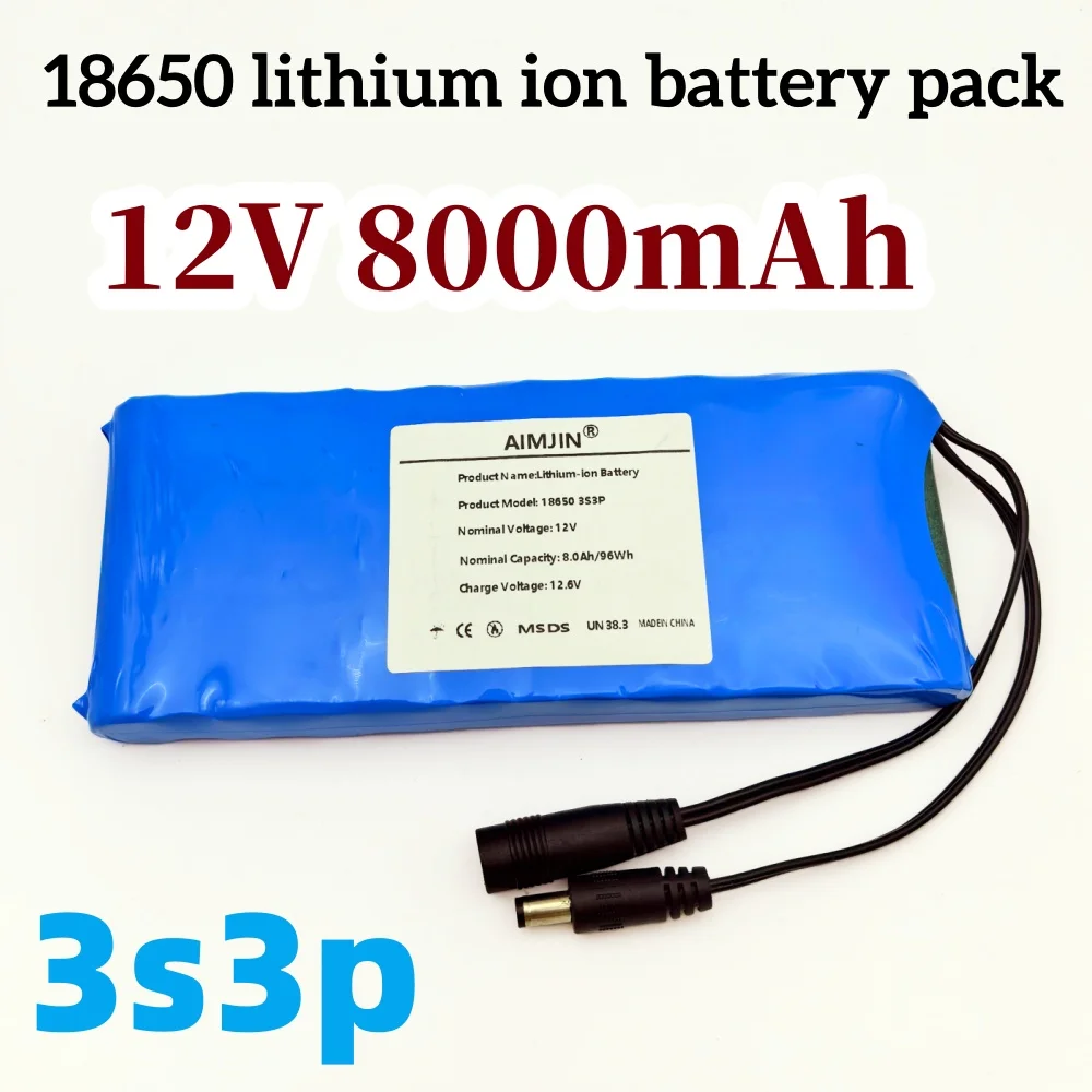 

12V 8000mAh 18650 rechargeable lithium-ion battery 12V 3s3p with BMS battery pack +12.6V 2A charger
